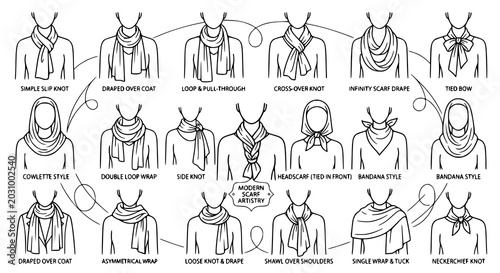 Cuadro en lienzo Creative scarf and neckwear line art vector set with fashion styling illustratio