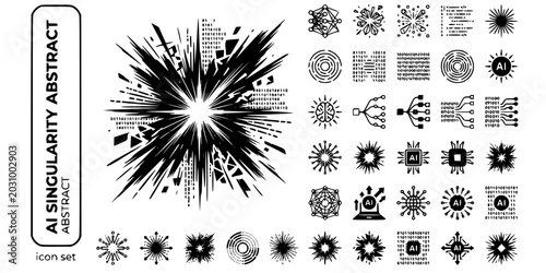 Obraz na płótnie AI Singularity Abstract Black White-Data Burst Code Radiate Energy-Digital Explo