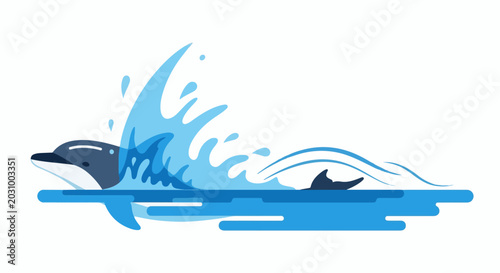 A playful dolphin breaches through a vibrant blue wave