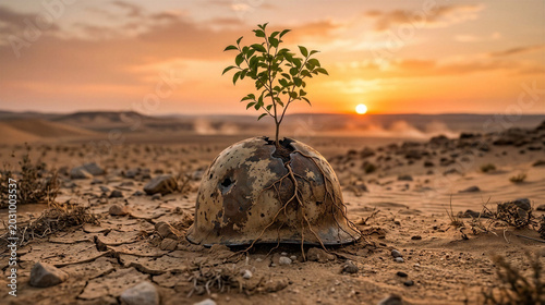 Conceptual photography showing a small green tree growing through a damaged military helmet on cracked desert soil during sunset. A symbol of peace and the triumph of life over war for the Internation