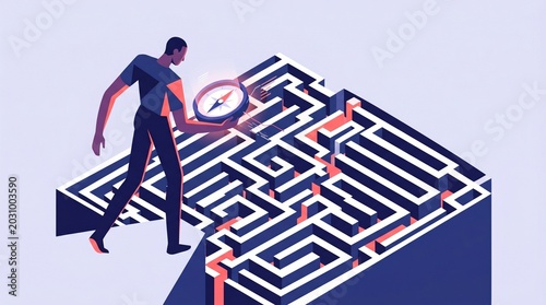 Abstract isometric illustration of a businessman holding a compass to navigate through a complex maze representing business strategy and problem solving