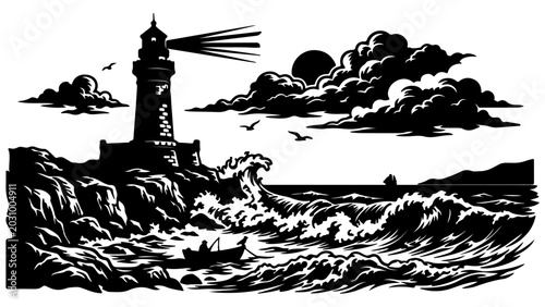 Lighthouse on Rocky Coast Overlooking Stormy Sea Waves Vintage Linocut Vector Illustration Isolated on Transparent Background