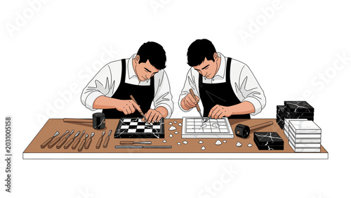 Quadro su tela Craftsmanship Unveiled: Two artisans diligently work on a detailed mosaic board, surrounded by tools and materials, showcasing meticulous skill and dedication to their craft