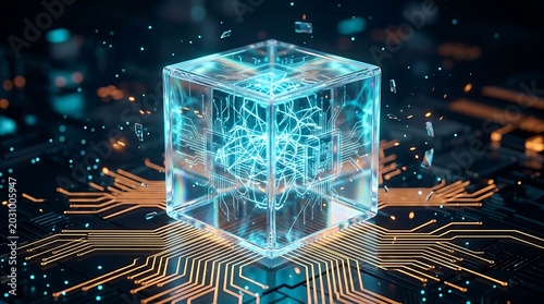 Glowing futuristic glass cube containing digital neural network on a computer motherboard representing advanced computing