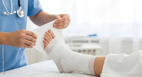 Medical foot bandaging and first aid. Orthopedic clinic and nursing care. Doctor hands wrapping a patient's injured ankle with a white compression bandage