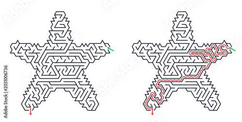 Star-shaped maze illustration with solved path in red  