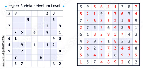 Hyper Sudoku puzzle with medium difficulty level on paper sheet  