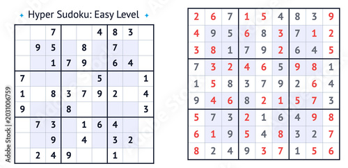 Photography Hyper Sudoku puzzle easy level grid with numbers and empty cells for gameplay
