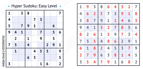 Hyper Sudoku easy level puzzle with numbers highlighted in red on grid  
