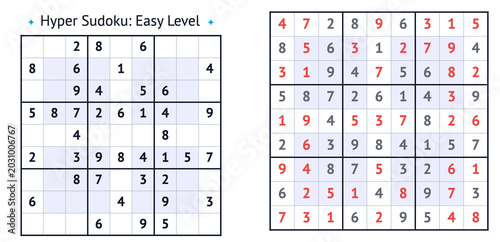 Hyper Sudoku puzzle layout with easy level and filled grid  