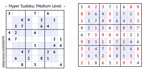 Hyper Sudoku puzzle with medium difficulty level and solutions  