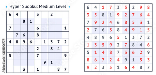 Fotografía Hyper Sudoku puzzle with medium difficulty level and solutions