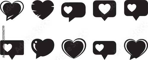 Foto Collection of heart and speech bubble icons in various styles and shapes side by