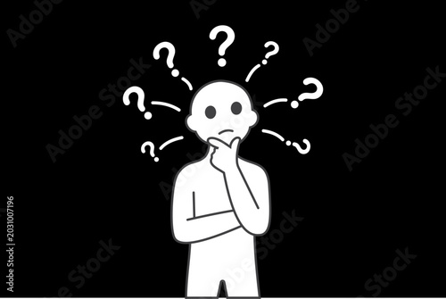 Canvas Print A cartoon man with question marks thinking deeply in confusion