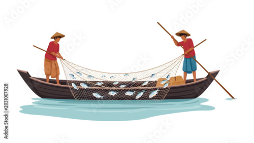 Photos Fishermen with Net in Boat: Two fishermen, wearing conical hats, work together in a traditional wooden boat, pulling a net filled with freshly caught fish from the water