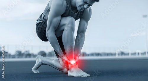 Ankle sprain and sports injury on running track. Physical therapy and recovery. Athlete clutching painful foot with red inflammation highlight