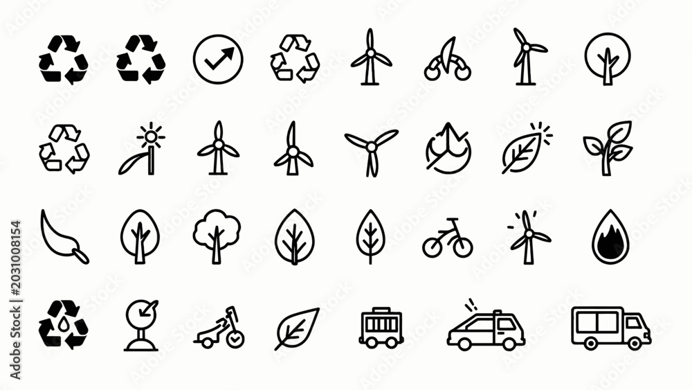 Fototapeta premium Eco friendly icons, sustainable living symbols, green energy signs, environmental vector graphics isolated on White Background vector eps silhouette