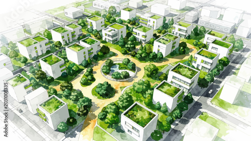 Green city ,Eco-friendly residential complex, green roof architecture, sustainable housing, urban planning isolated on White Background vector eps silhouette