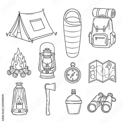 Camping gear and outdoor equipment collection.