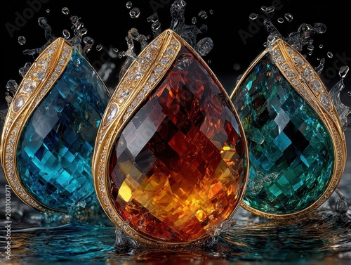 Luxurious gemstones nestled in flowing gold, evoking elegance and opulence.