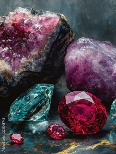 A stunning composition of luxury gemstones showcasing their exquisite facets and vibrant colors, perfect for premium jewelry advertising.