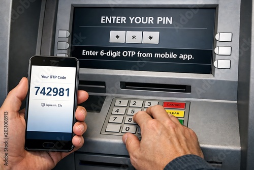 Man Using Smartphone for Two-Factor Authentication at ATM