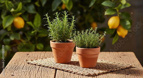 Rosemary and thyme plants in terracotta pots on a wooden table