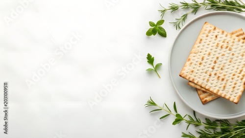 Flat Lay Top View Of Two Matzah Crackers On A Light Gray Plate Surrounded By Fresh Green Herbs On A White Background