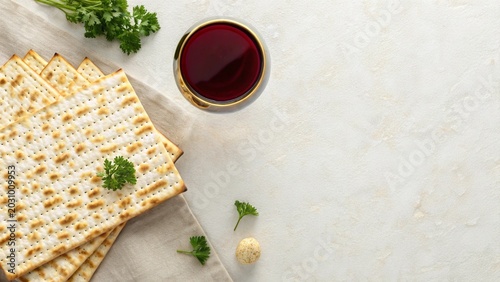 Matzah bread and red wine on a textured surface with parsley garnish