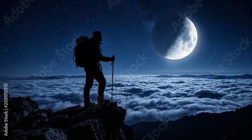 Backpacker Mountain Peak Silhouette with Crescent Moon Night Sky
