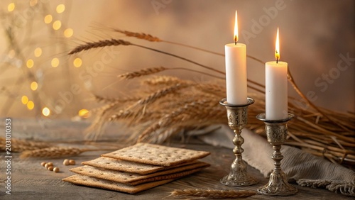 Two Lit White Shabbat Candles in Ornate Silver Holders on a Rustic Table with Matzah and Wheat Stalks