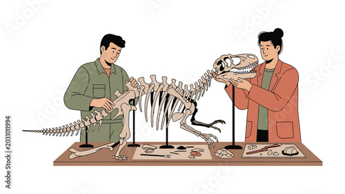 Tableau sur toile Paleontologists Assembling Dinosaur Skeleton: Two dedicated paleontologists meticulously assemble a dinosaur skeleton on a research table, surrounded by fossil fragments and tools