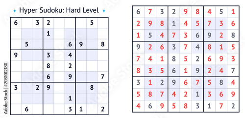 Hyper Sudoku puzzle hard level  with numbers and empty cells for solving  