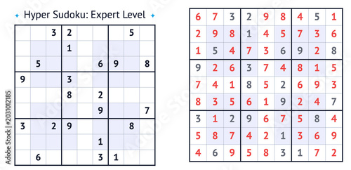 Hyper Sudoku puzzle with numbers filled for expert level challenge  