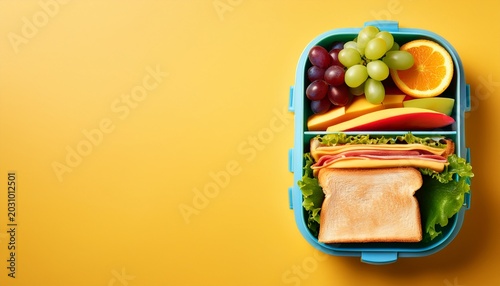 colorful lunchbox with sandwiches fruit and grapes on a yellow background