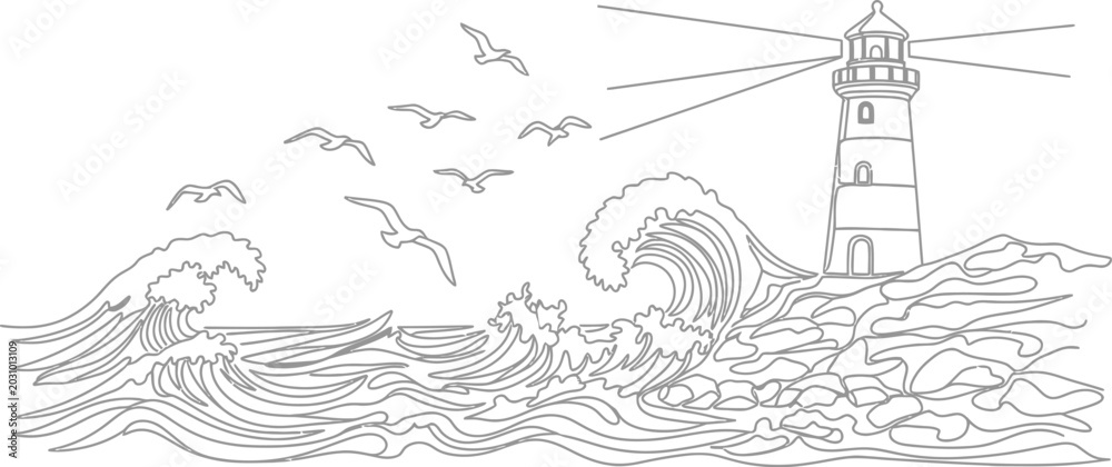 Fototapeta premium Coastal lighthouse scene continuous line drawing illustration for nautical decor
