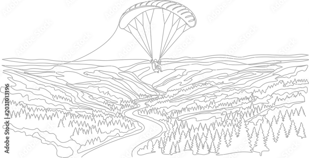 Fototapeta premium Continuous line drawing of paraglider soaring over scenic landscape