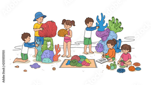 Photos Children Building Coral Reefs: A group of diverse children engage in imaginative play on a sunny beach, constructing vibrant coral reef structures with colorful blocks