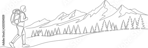 Continuous line drawing hiker with backpack in mountain landscape