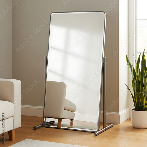 Full length mirror with metal frame in a modern living room setting