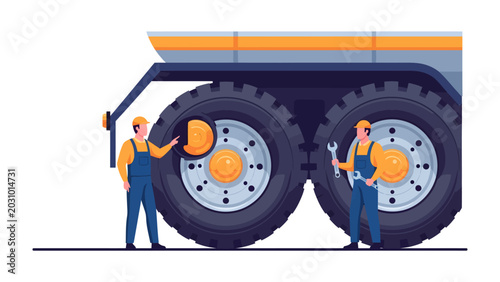 Fotografie Mechanics working on giant tires: Two mechanics in overalls and hard hats work diligently on the colossal tires of a large industrial vehicle