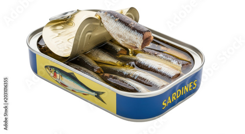 Open tin can of sardines in olive oil isolated on transparent background