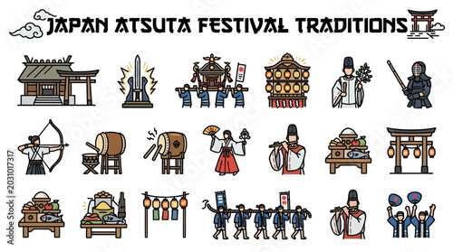 Japan Atsuta Festival Traditions Pixel Art Icons