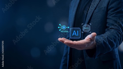 Business professional in dark suit presenting holographic neural chip icon on open palm for artificial intelligence technology and machine learning concept
