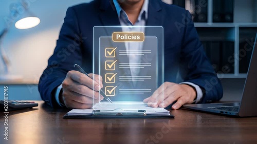 Holographic policies document with checkboxes animating beside business professional signing contract for corporate compliance and regulatory management