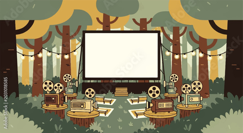 Outdoor cinema screen surrounded by trees and film projectors