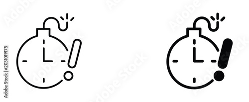 Quadro em tela Minimalist time bomb icons with clock face and exclamation mark, black line art