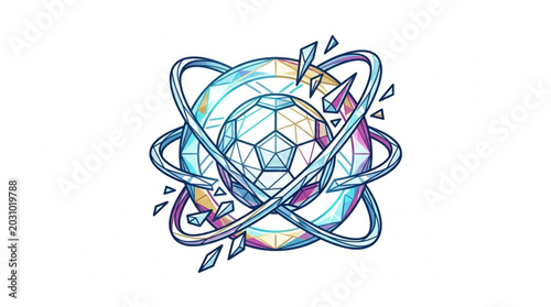 Abstract geometric crystal soccer ball with orbiting rings.