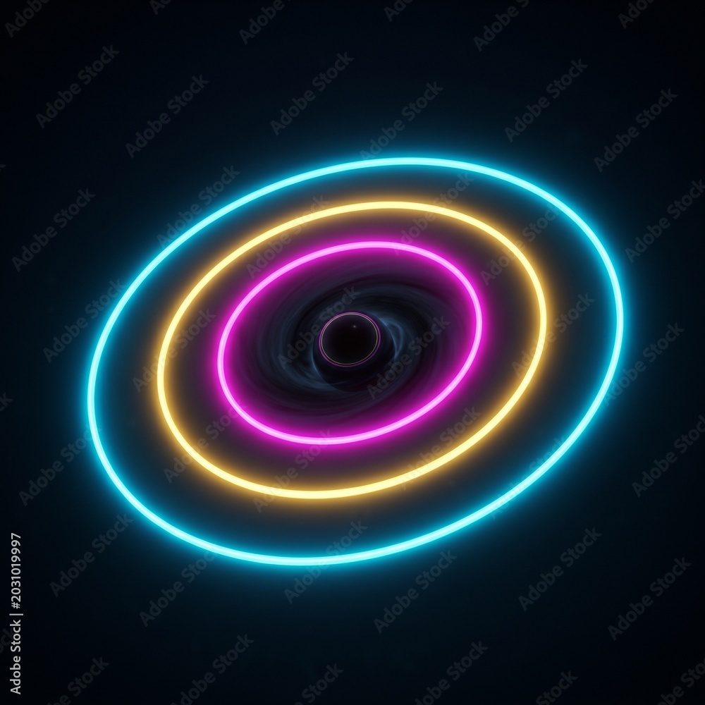 Obraz premium Three equal neon rings balancing a dark gravitational singularity, a futuristic visual metaphor for the 8-8-8 rule and perfect life harmony.
