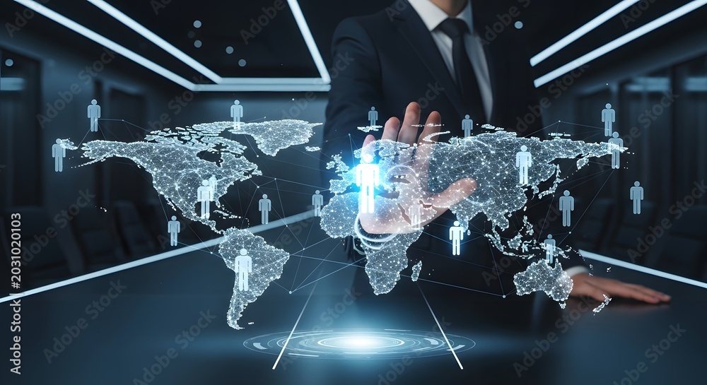 Obraz premium Global business networking and international data connection. World map technology and digital communication. Businessman touching a glowing virtual world map with human icons.